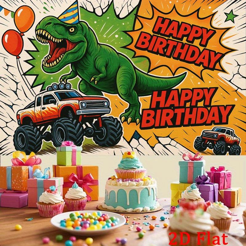 2D plane, "Dinosaur and Monster Truck Birthday Banner" - Dinosaurs and trucks with balloons, durable party backdrop fabric