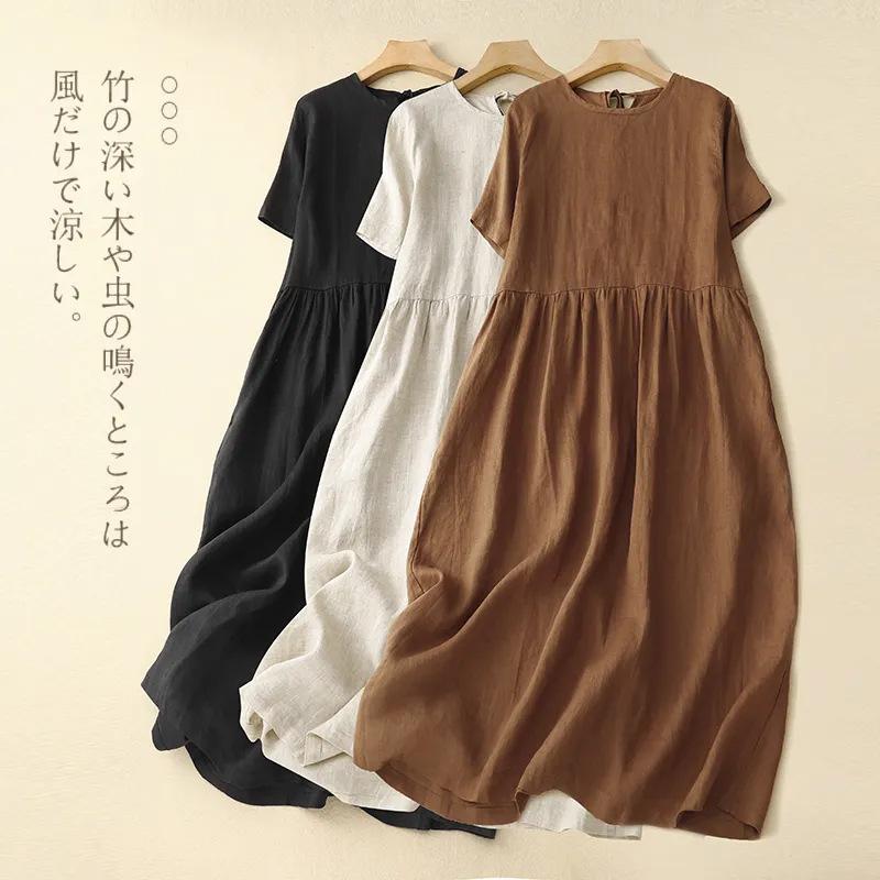 Summer Women Linen Cotton Midi Dress Round Neck Short Sleeve Loose A Line Casual Vintage Long Dress Plus Size
