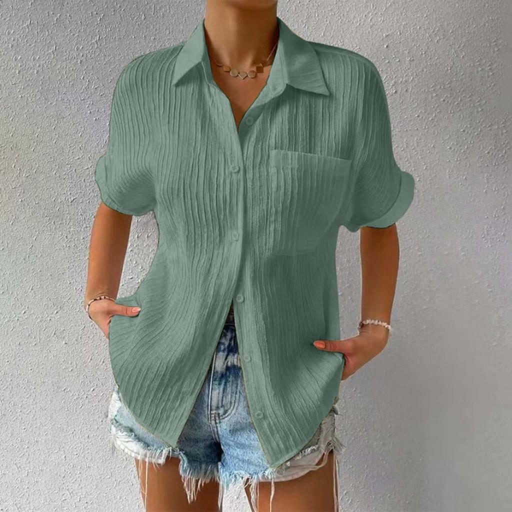 Blouses For Women 2025 Summer Women'S Solid Color Buttoned Cardigan Short Sleeve Shirt
