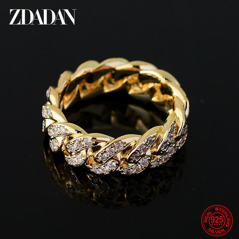 

925 Sterling Silver 18K Gold Cuban Zircon Ring for Men Women Fashion Jewelry 6 золотой