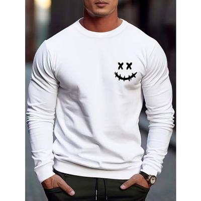 CrossEyed Smiley Printed Sweater Men's Fall and Winter Casual Pattern Design MicroStretch Round Neck Pullover Long-Sleeved Shirt