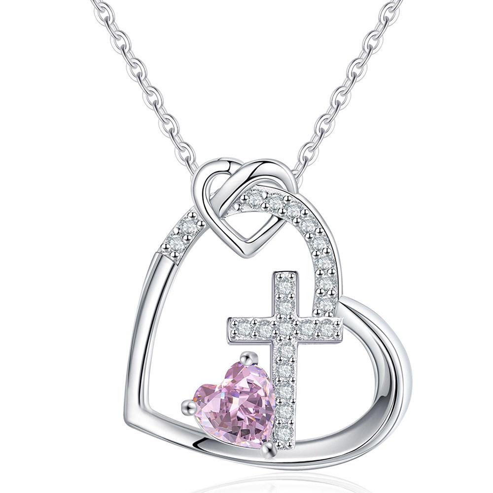 Heart Cross Pendant Birthstone Necklace: European & American Fashion Jewelry Gift