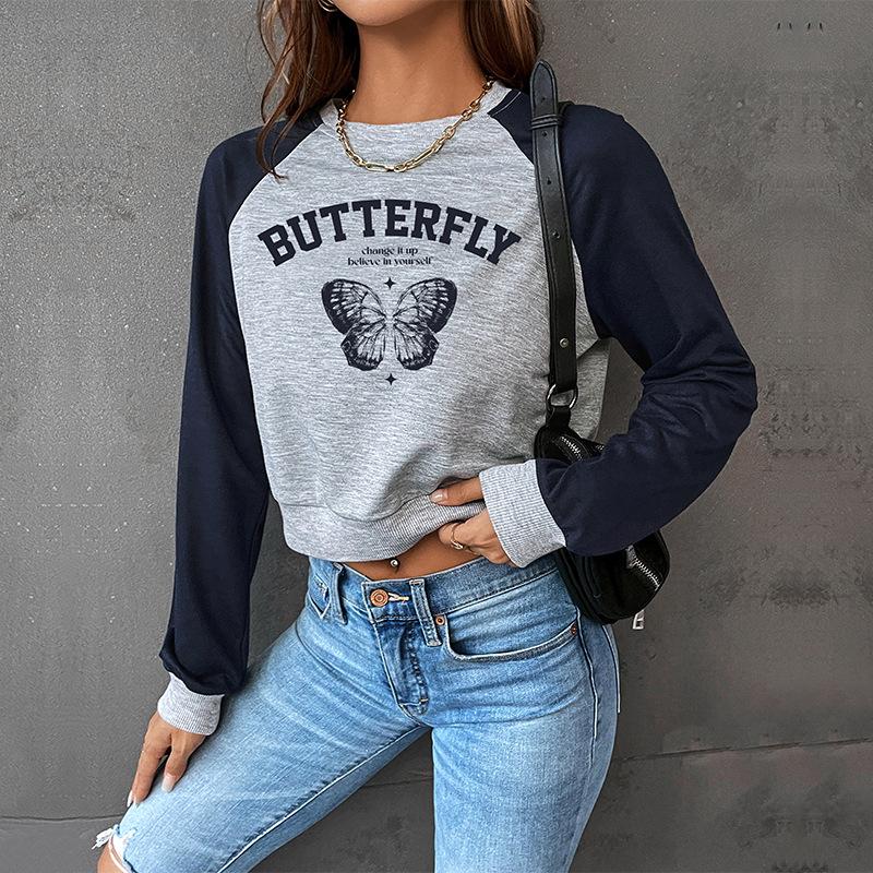 Camicetta da donna primaverile e autunnale Colorblocking Corto girocollo Pullover Top a maniche lunghe