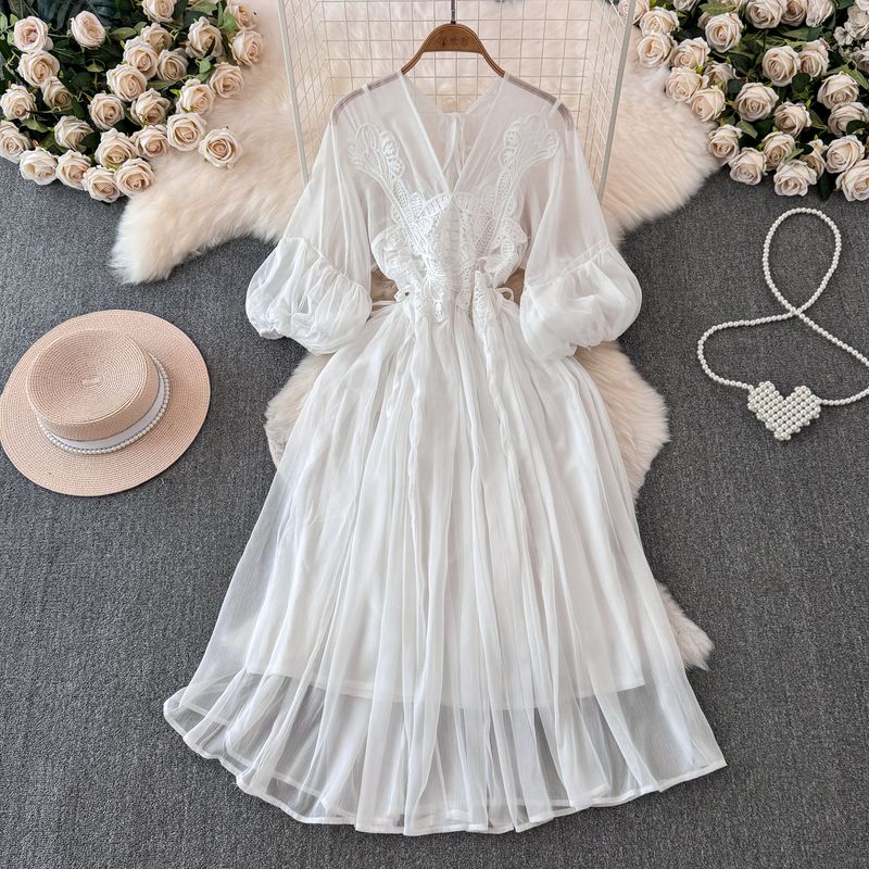 

Богемное платье для отпуска, женская одежда на начало осени 2024 года, новый дизайн, супер-фея, кружевное шифоновое длинное платье White All yards