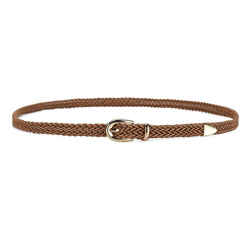 Womens Elegant Slim Woven Belt With Decorative Gold Buckle For Stylish Dress And Shirt Outfit