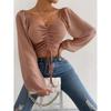 Summer Women's V-Neck Drawstring Lantern Sleeve Tight Fashion Sexy Blouse Top