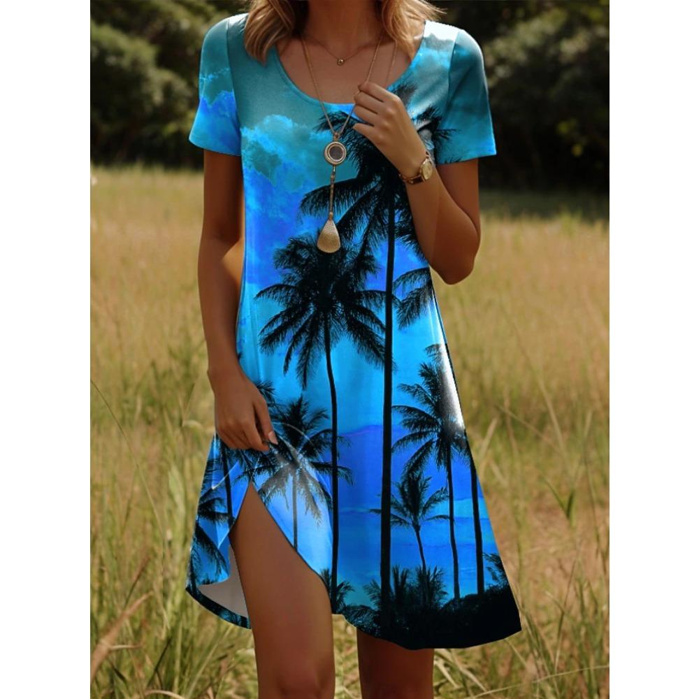 Women s Fashion Coconut Tree Pattern Print Summer Spring Short Sleeve O-Neck Casual Dresses XS