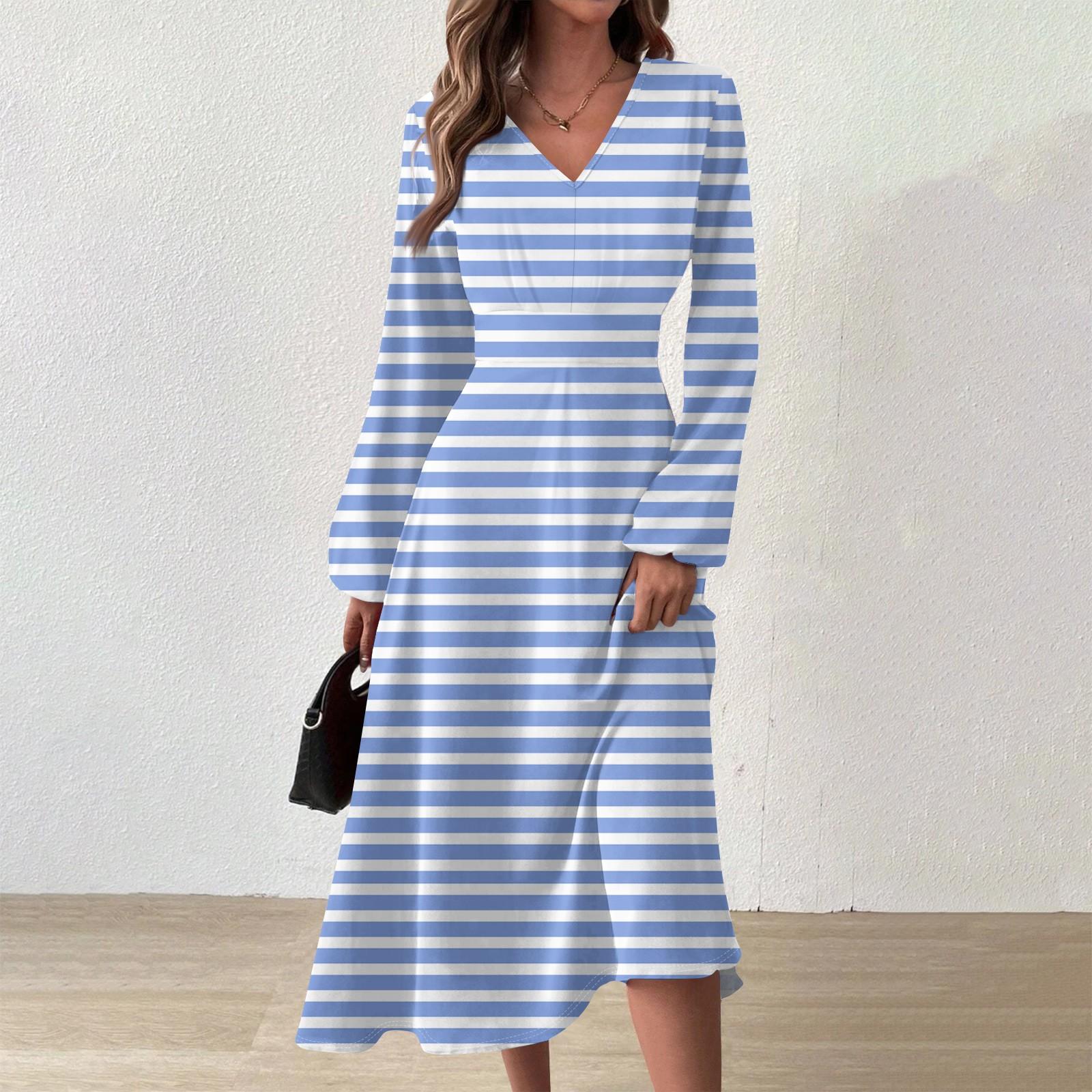 Women s And Winter Casual Fashion V-neck Long Sleeve Print Long Dress S