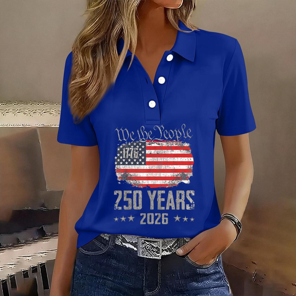 Damen Freizeit Kurzarm Hemd mit Knöpfen 250. Jubiläum Grafikdruck Polo Top für Unabhängigkeitstag Feier 2026 Gedenk-T-Shirt