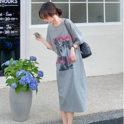 Women's Fashionable Loose and Casual Straight T-shirt Dress Summer Letter-printed Short Long Dress