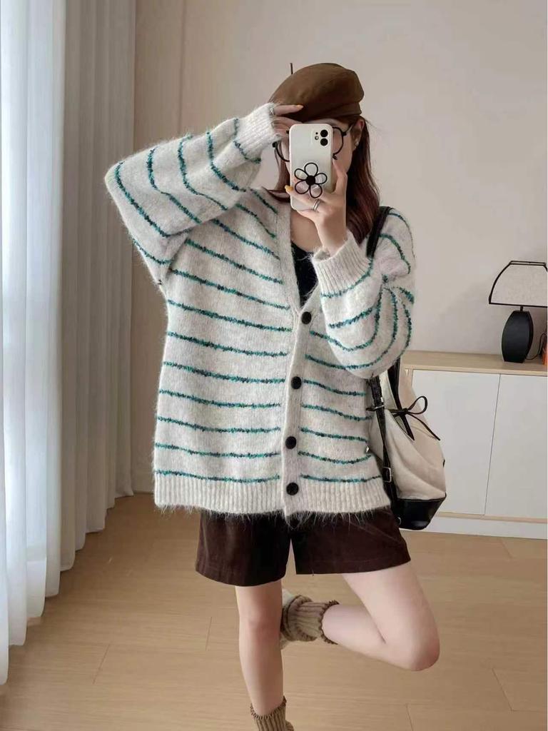 2025 Autumn/Winter Retro Loose Striped Knitted Cardigan - Women's Lazy Style Sweater Coat