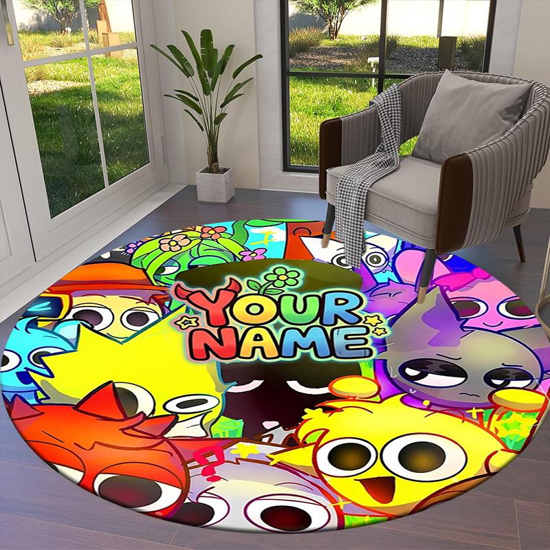 Colorful Creatures Custom Name Round Area Rug Carpet Rug For Living Room Bedroom Sofa Playroom Decor Nonslip Floor Mat
