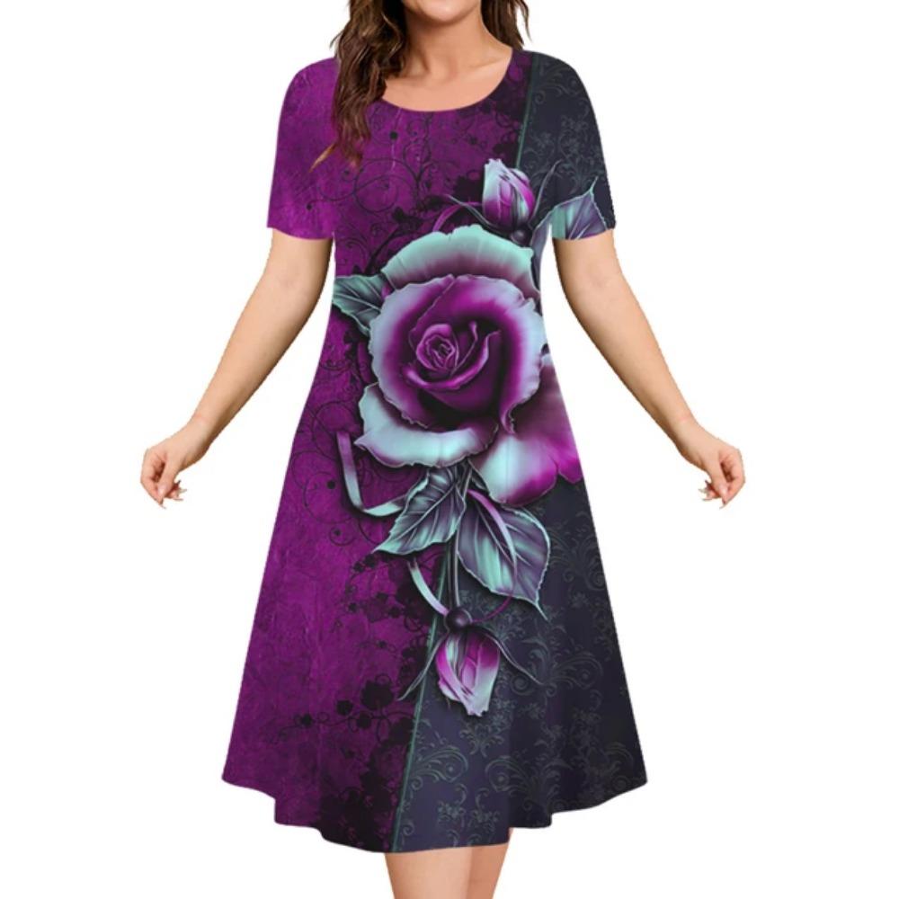 Estampa floral feminina elegante vestido midi, roupas femininas de manga curta extragrande, moda verão, 2024