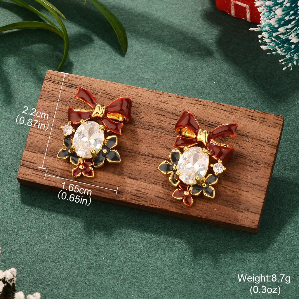 French bow New Year's pearl autumn and winter silver needle burgundy Christmas series earrings niche high-end personalized earrings