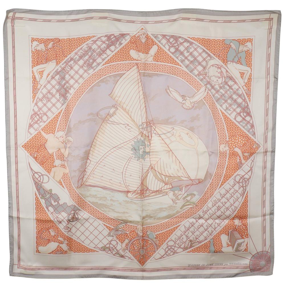 Hermes Carree90 Scarf VOYAGE Au LONG COURS Ocean Voyage White Silk Women Used