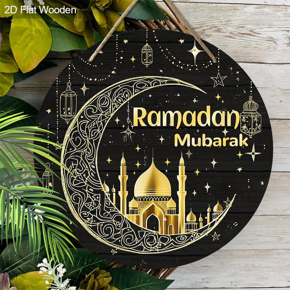 """Ramadan Mubarak" Mond & Moschee Holzschild, Runde Haustür Dekoration, Islamisches Wandbehang - Ideales Geschenk für Ramadan & Eid Feiern"""