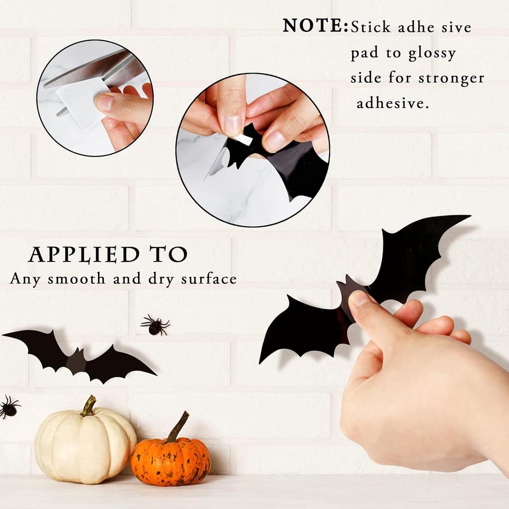 TDHDIKE Halloween Decorations Bats Wall Decor Halloween Party Decorations Indoor Outdoor Decor Supplies, 64 Pcs Reble PVC 3D Black Bats Stickers for