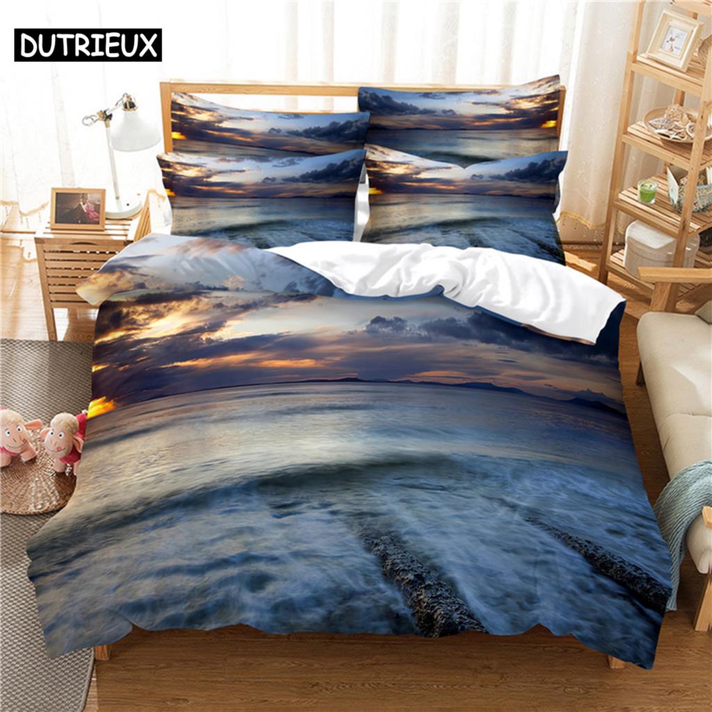 3D Digital-Printed Beach Coconut Tree-Themed Duvet Cover Set In Queen Size - Fashionable Bed Linen Design