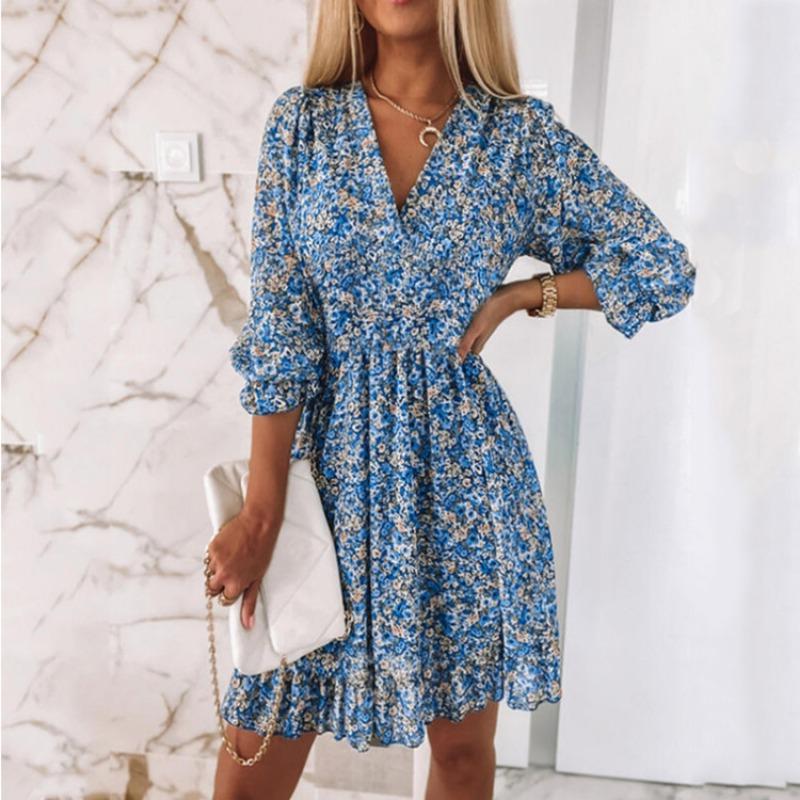 Summer Floral Print Mini Dresses Women Vintage Sexy A-Line V-Neck Half Sleeve Party Dress Female Casual Elegant Beach Dress