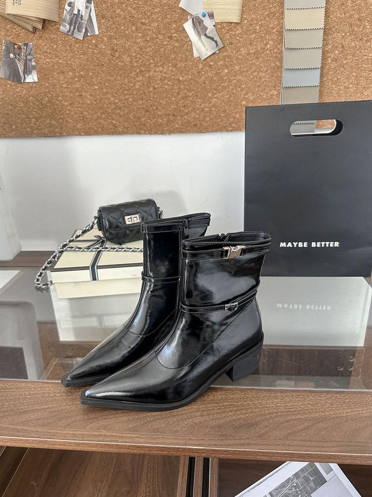 2025 New European and American Style Belt Buckle Pointed Thick Heel Thin Versatile Short Boots