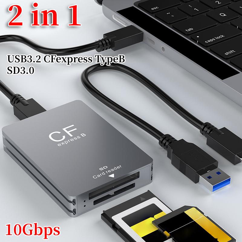2 in 1 CFexpress Type B&SD Card Reader CFexpress Reader Adapter USB 3.2 10Gbps Dual-Slot with USB C To USB C/A Cable for SLR