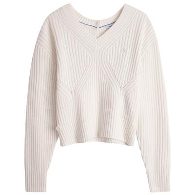 Minimalist Embroidered Asymmetrical V-Neck Sweater Women Sweater Off-White J222847YBI