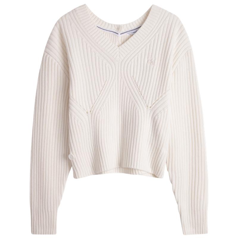 

Calvin Klein Minimalist Embroidered Asymmetrical V-Neck Sweater Women Sweater Off-White J222847YBI XS
