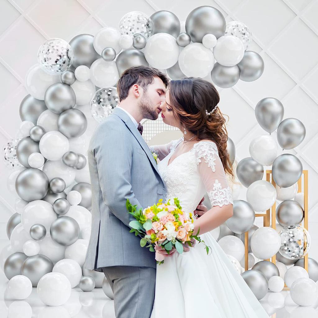 130Pcs Silver White Latex Garland Balloon for Wedding, Birthday, Pop Party, Bridal Shower, Graduation Decoration Balloon, Fa