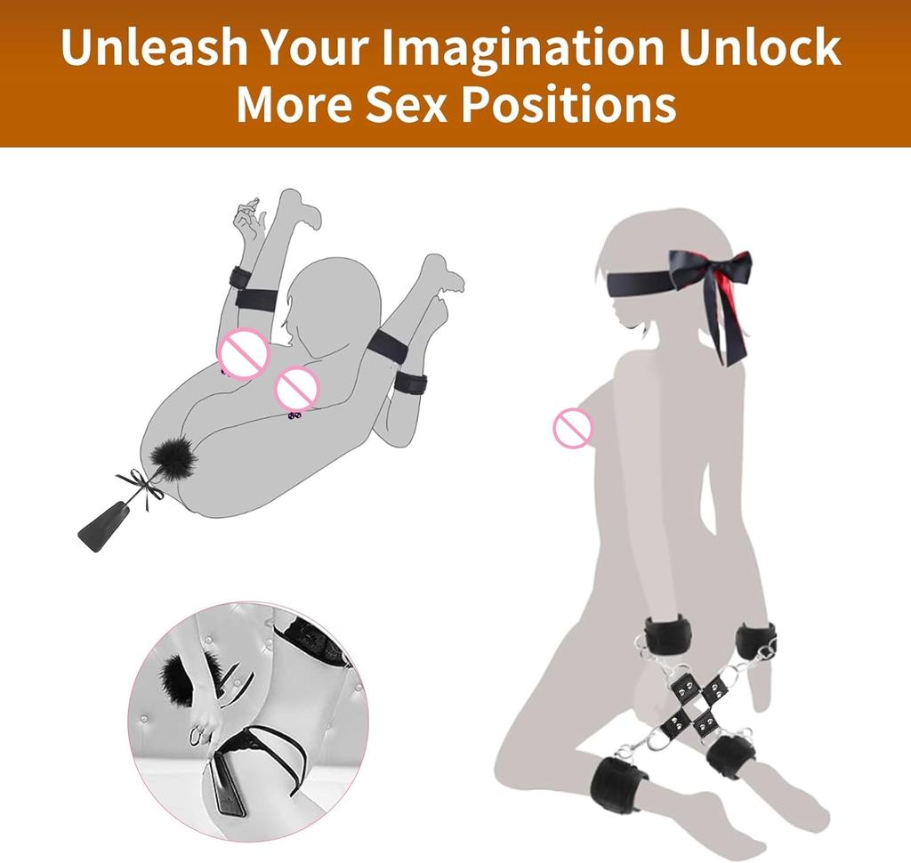 Adult Sex Bondage Restraints BDSM Kit with SM Game Play Bed Straps Cuffs Tickler Paddle Blindfold Harness-Sex Toys