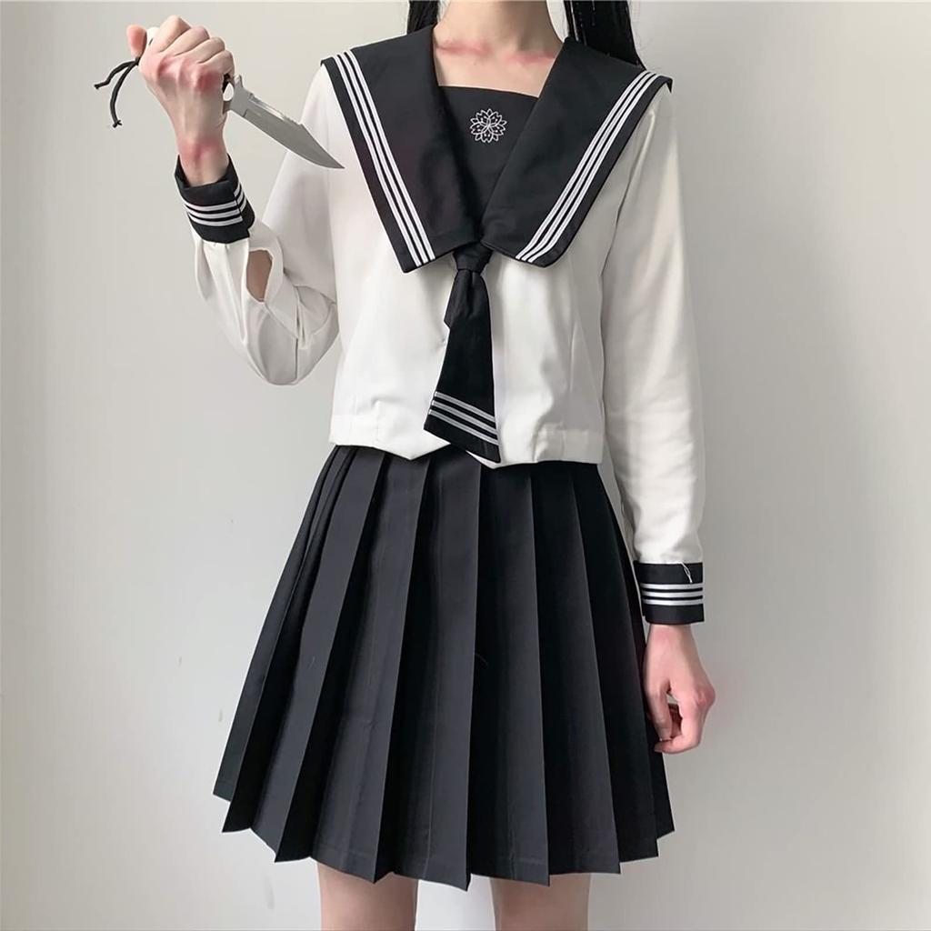Sailor Uniform Cosplay School Uniform High School Girl Halloween JK Long Sleeve Square Collar [milky Time] (L)