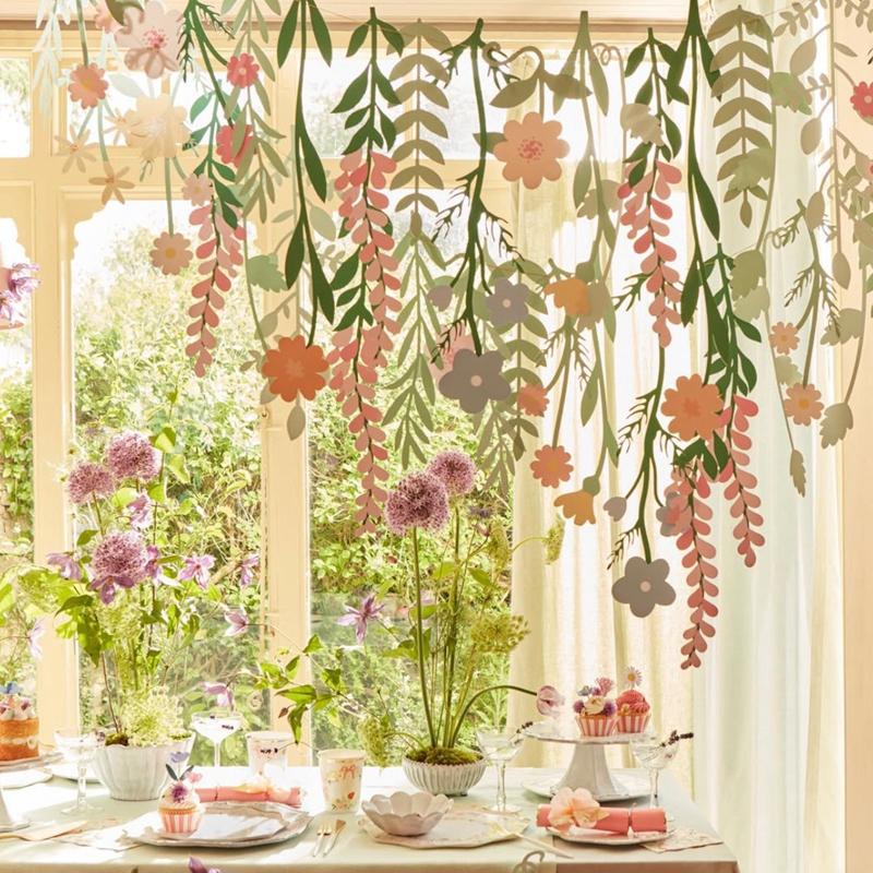 Leaves Flowers Garland Paper Banner Spring Happy Birthday Party Decoration Supplies Kids Girls Favors Home Wall DIY Hanging Flag