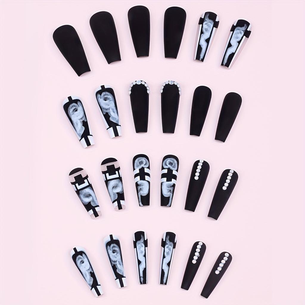 24pcs French Black White Plaid Glossy Ballerina Coffin Press On Nails with Rhinestones Decor - Long Length Acrylic All Cover False Nails