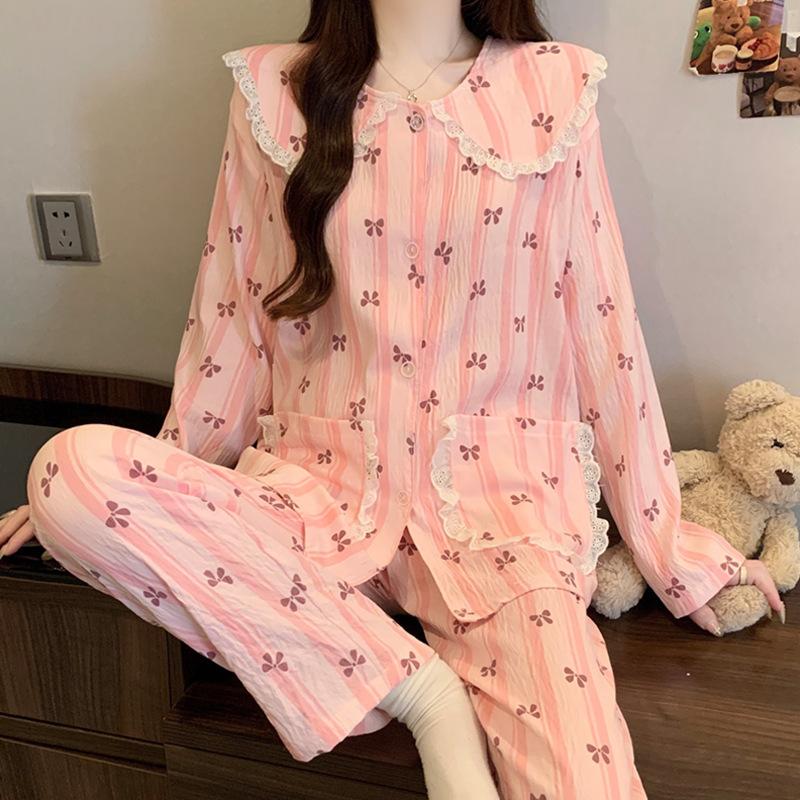 Pajamas Women'S Spring And Autumn Cute Doll Collar Girl Suit Can Wear Cloud Cotton Long-Sleeved Loungewear
