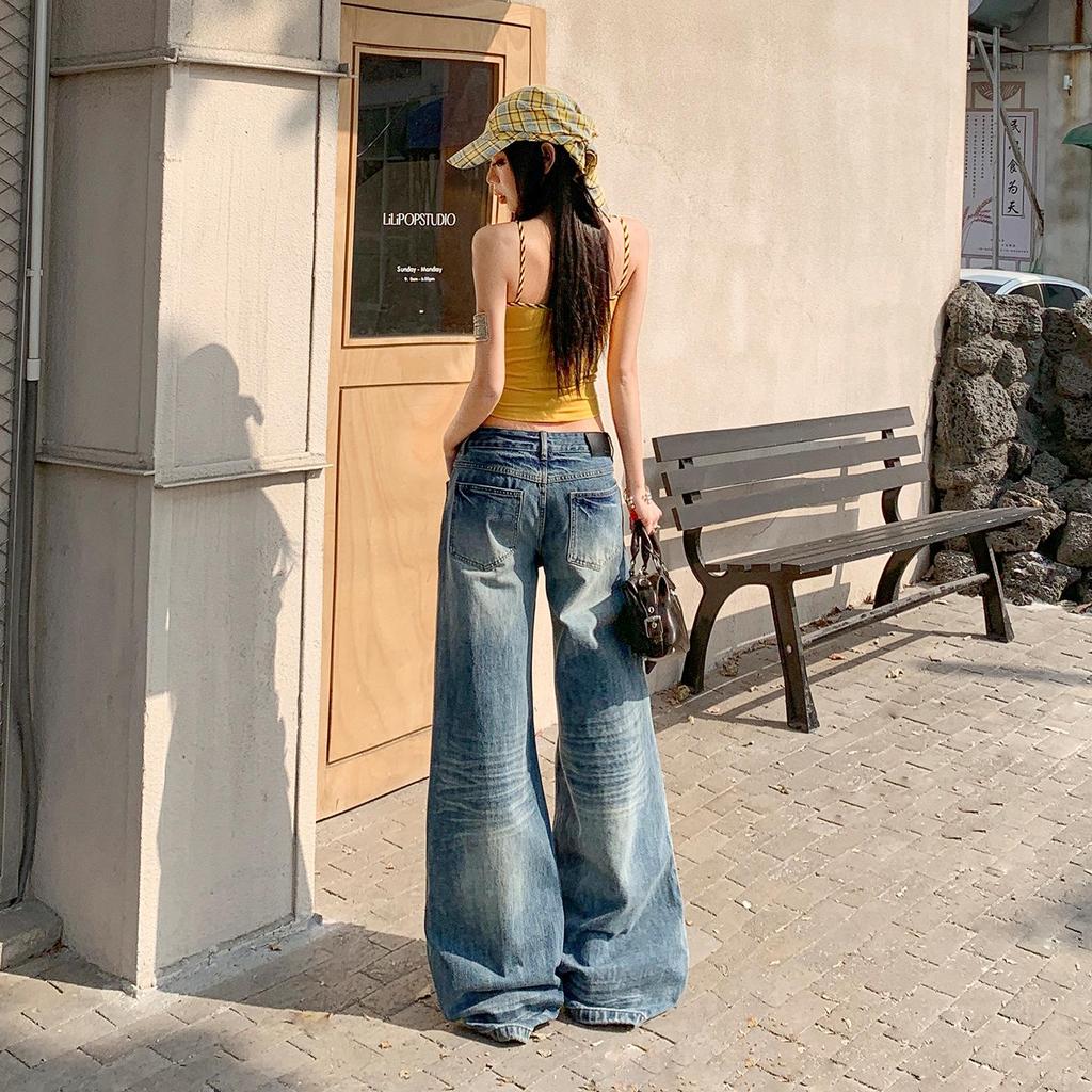 Women's Retro Washed Wide-Leg High-Waisted Slimming Floor-Length Spring Jeans