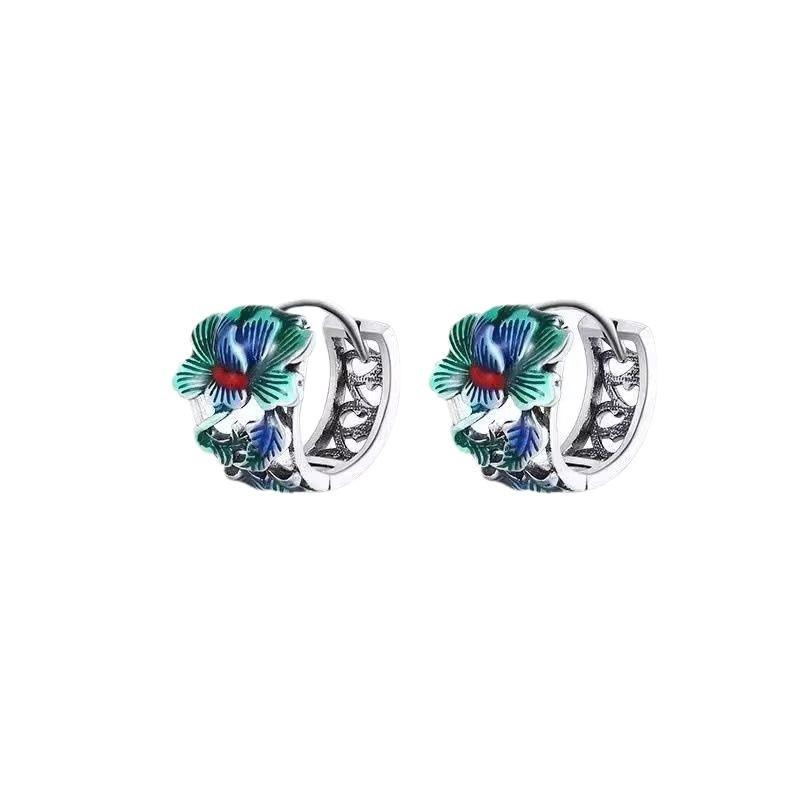 Retro Peony Earrings Men's Original Personality National Style Guochao Enamel Color Classical Men's Earrings