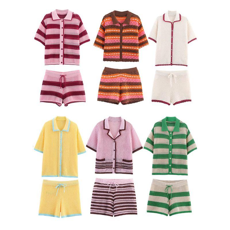 Araltay New Arrival Fashion Style Women's Fashion All-Match Minimalist Stripes Polo Shirt Knitting Coat Shorts