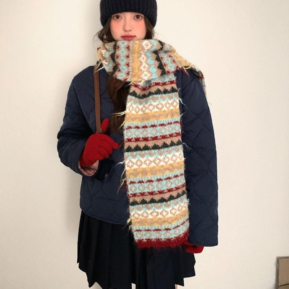 Warm Fair Isle Style Scarf Printed Winter Wool Neckerchief Retro Jacquard Knitted Scarf  Winter
