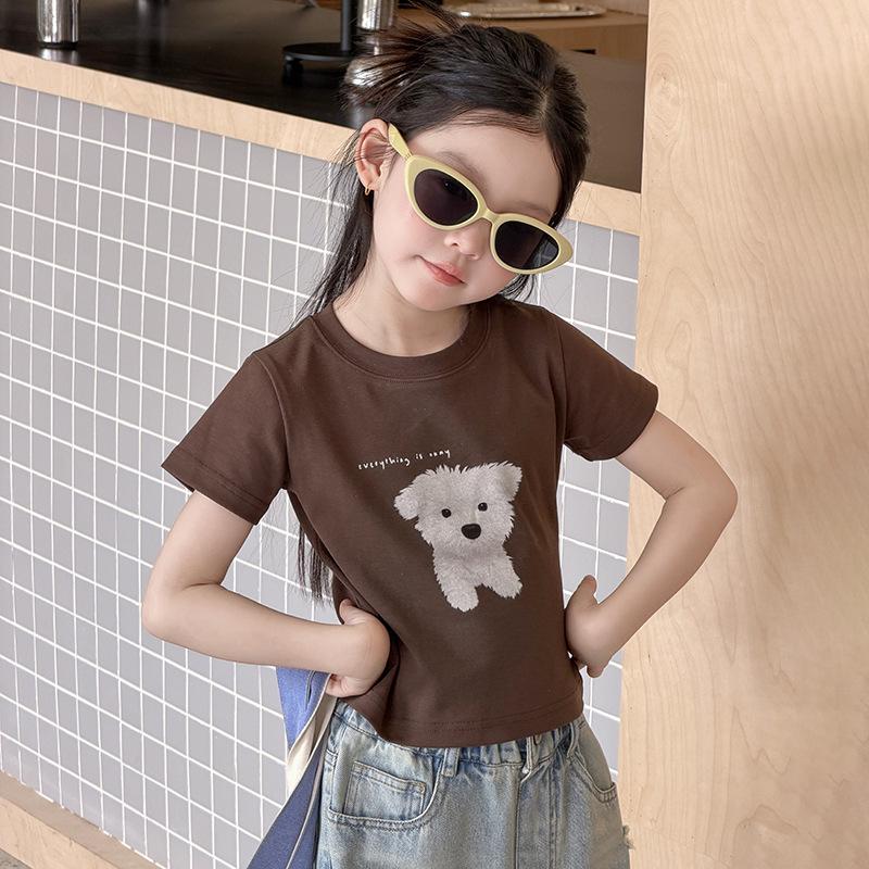 Summer Kids Fashion Spicy Girl Puppy Print Cropped T-Shirt – Slim Fit, Short Sleeve Top for Girls