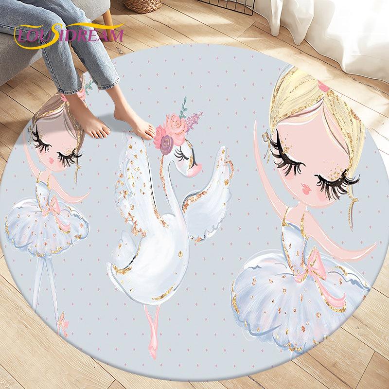 Cute Ballet Girl Ballerina Cartoon Round Area Rug,Carpet for Living Room Bedroom Sofa Playroom Decor,kid Play Non-slip Floor Mat