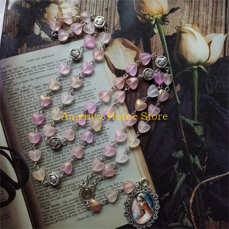 F26C Vintage Hollowed Out Rose Heart Beads Rosary Necklace Christian Prayer Fashion Jewelry Accessories for Stylish Women Men