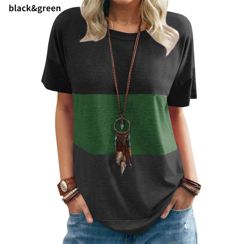 S-5XL Europäisches und amerikanisches Frühlings- und Sommer-T-Shirt für Damen mit Farbkontrasten, Tasche, Rundhalsausschnitt, kurzärmeliges, lockeres Oberteil