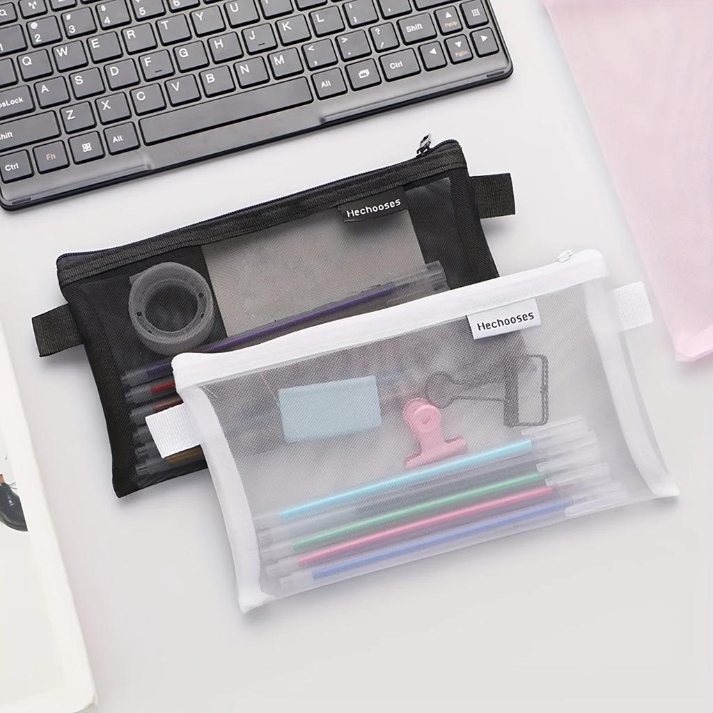 1pc-Zipper mesh pencil case, multifunctional stationery storage bag, used for cosmetics, makeup, travel accessories