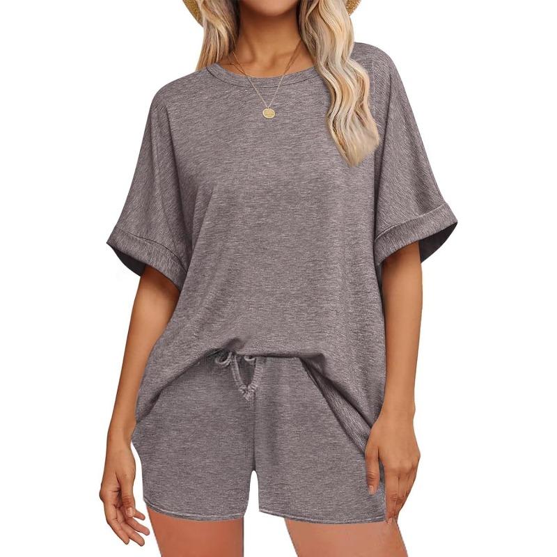 Women Casual Summer Batwing Sleeve T Shirt Drawstring Shorts Sports Two Piece Set
