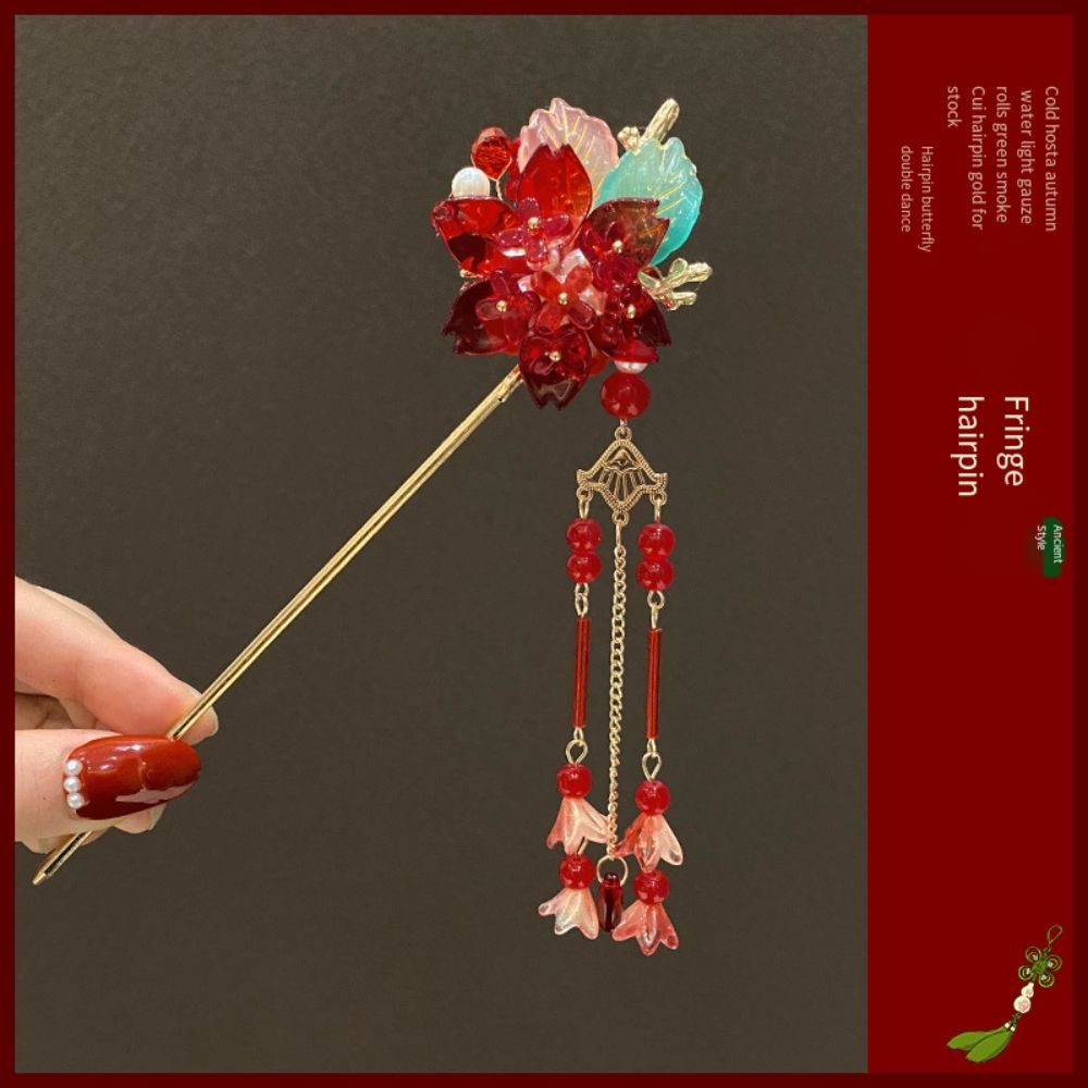 Vintage Pendant Hair Stick Red Flower Hanfu Hairpin Hair Ornaments Chinese Headwear  Women