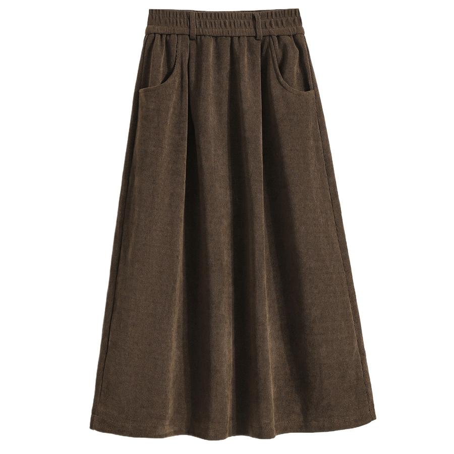 Autumn New Style Corduroy Midi A-Line Skirt for Women, High-Waisted, Slimming, Elastic Waist, Pleated Dress