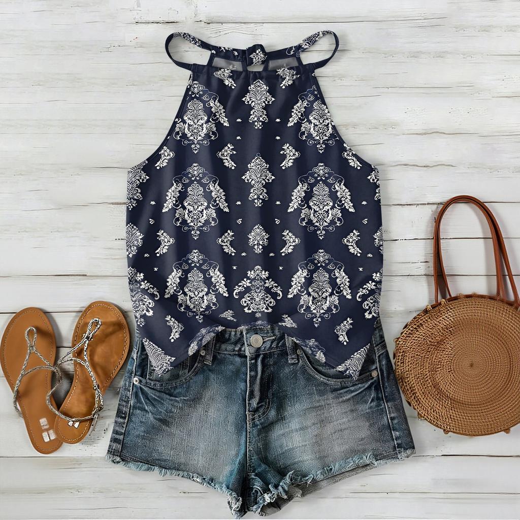 Women Sleeveless Bohemian Tank Top Geometric Print Casual Summer Beachwear Lightweight Blouse with Adjustable Straps and Back Button Closure
