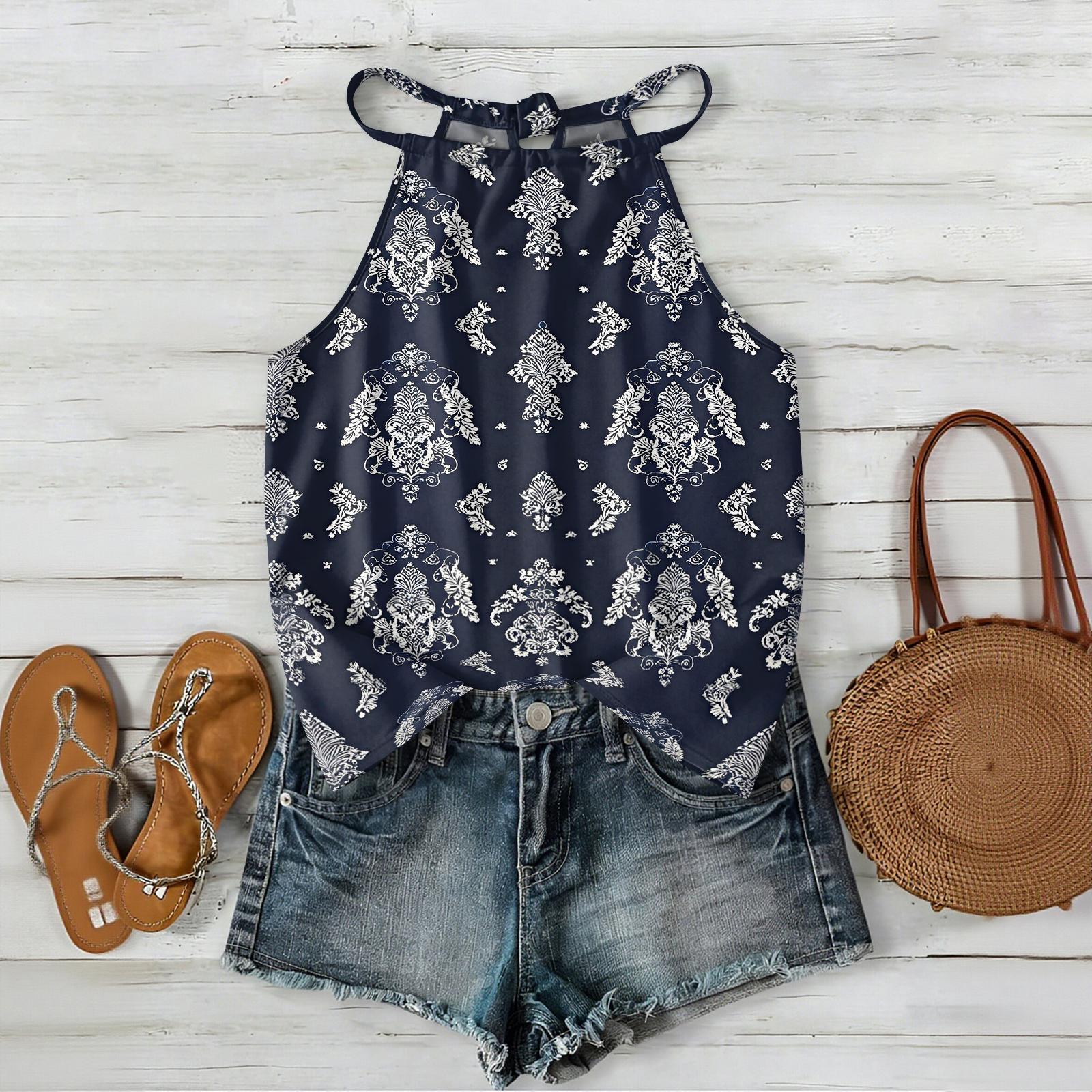 

Women Sleeveless Bohemian Tank Top Geometric Print Casual Summer Beachwear Lightweight Blouse with Adjustable Straps and Back Button Closure M