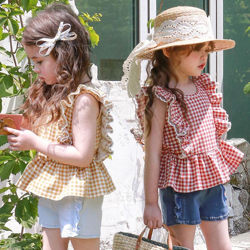 Mädchen Karierte Rüschen Ärmellose Weste - Sommer 2024, Reine Baumwolle, Alter 3-10