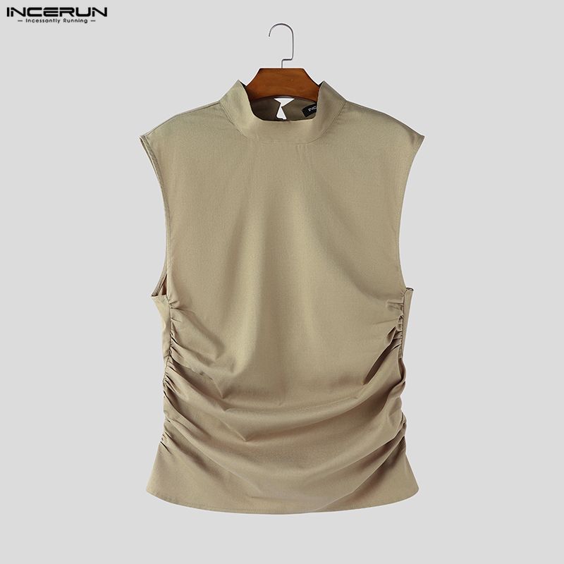 INCERUN Men Stand Collar Sleeveless Elastic Waist Fitted Casual Twisted Tank Tops