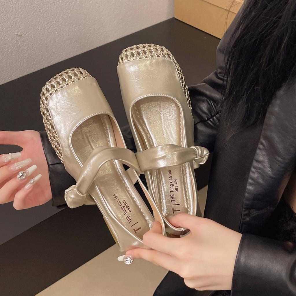 With skirt woven hollow breathable square head thick heel bag head single shoes women's summer retro flat Mary Jane shoes